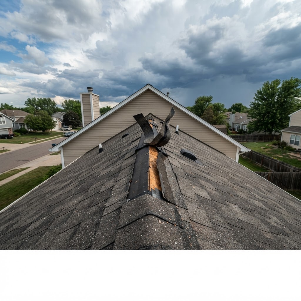 Missing shingles along the edge of a Colorado roof after a windstorm