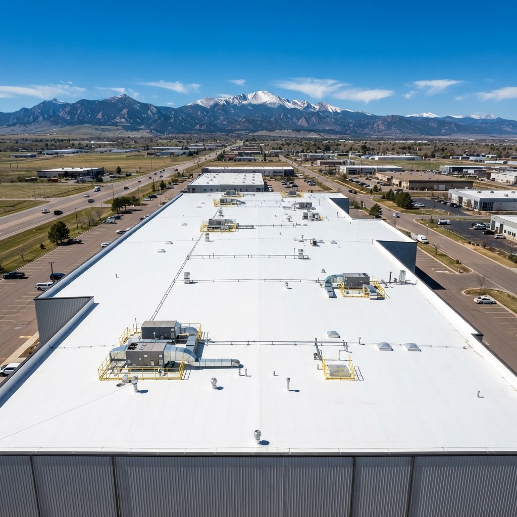 Commercial flat roof with white TPO membrane and HVAC units on a Colorado industrial building