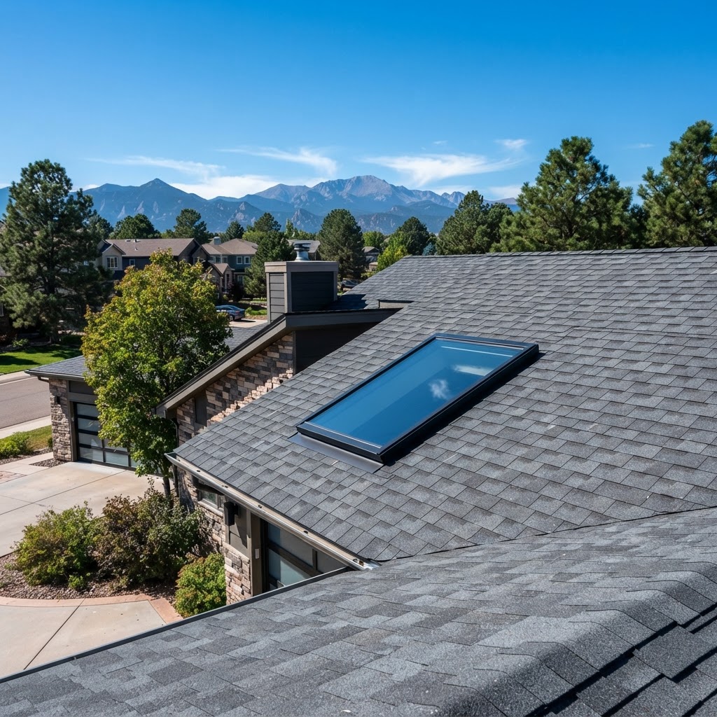 Properly flashed skylight integrated with the surrounding roof on a Colorado home.