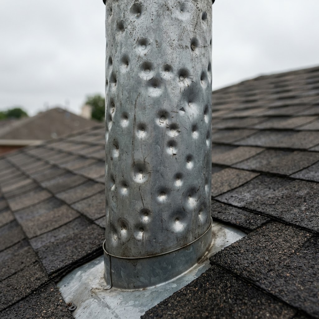 Dented metal vent cap showing signs of hail.