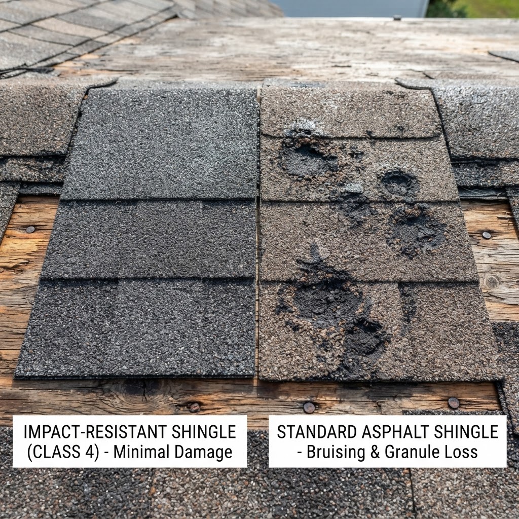 Impact-resistant shingle after hail, showing minimal damage.