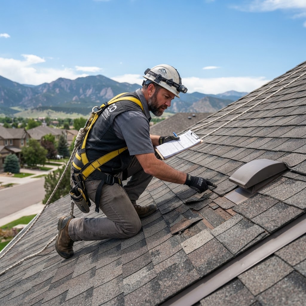 Roofer recording damage for an insurance scope on a Front Range home.