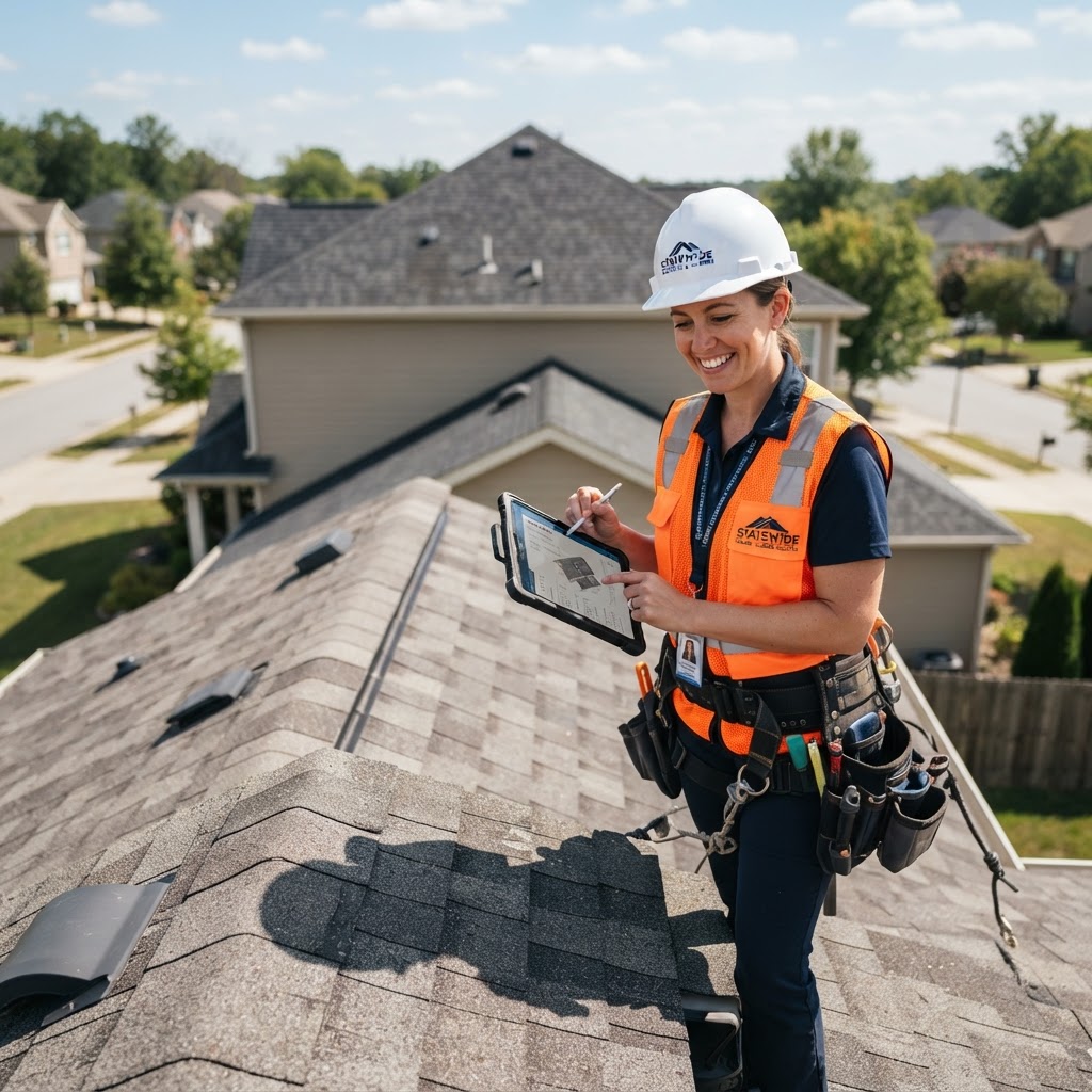 Homeowner and roofer reviewing documentation before an insurance adjuster's inspection.