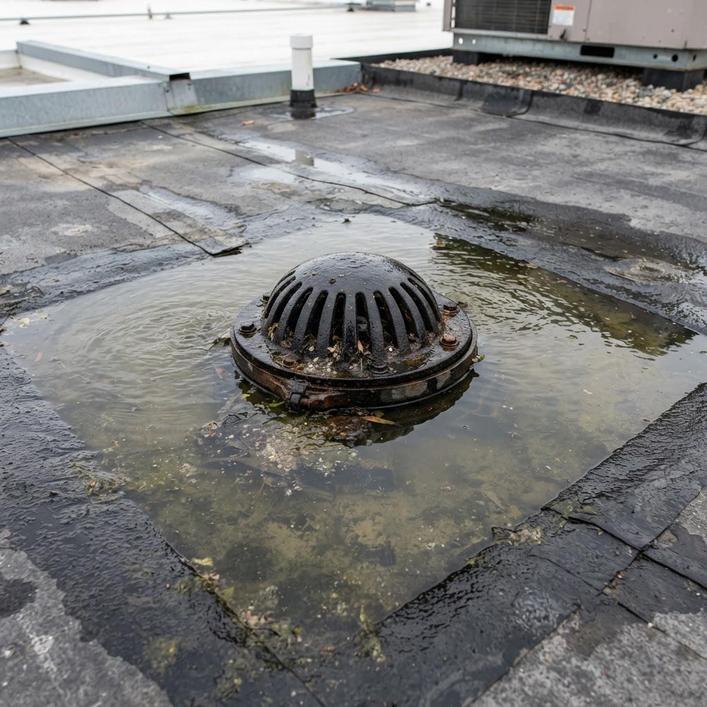 Ponding water at a commercial roof drain.