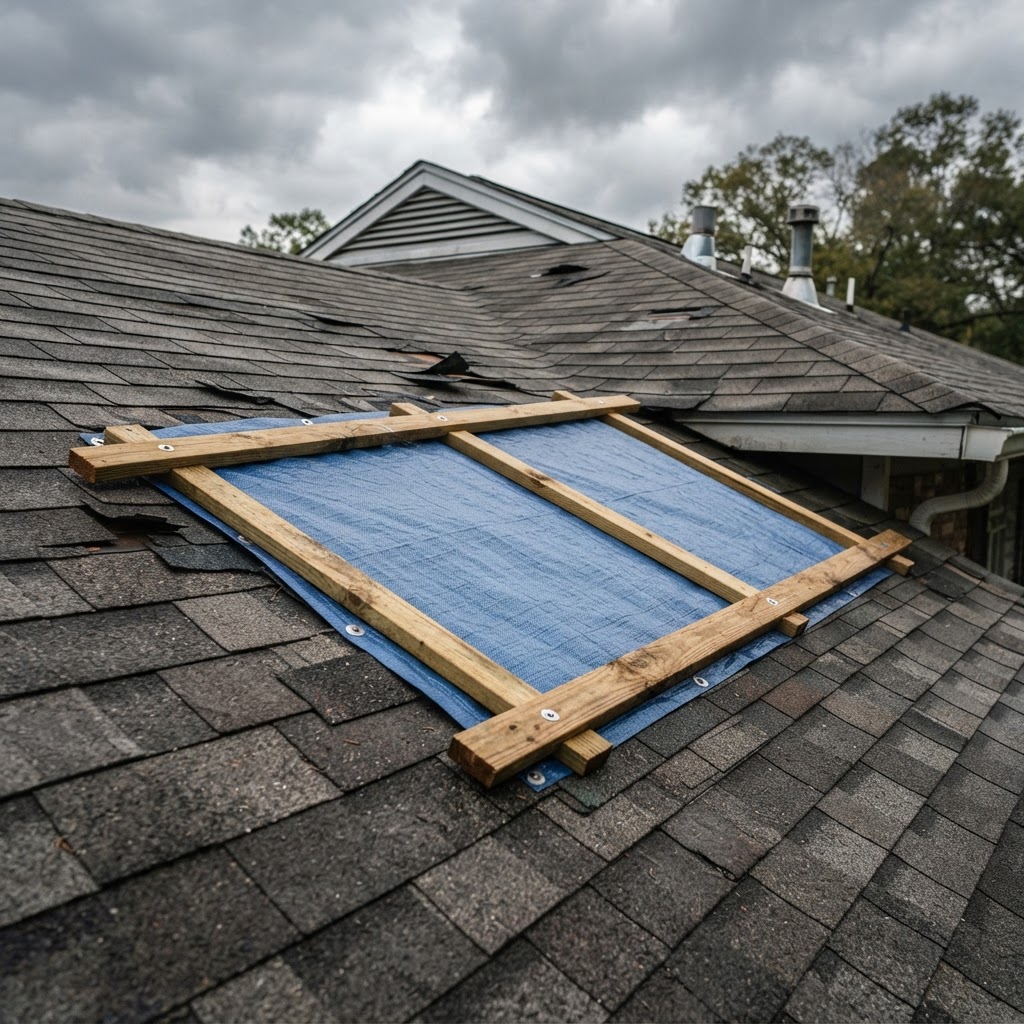 Temporary roof tarp protecting a home's interior after wind damage.