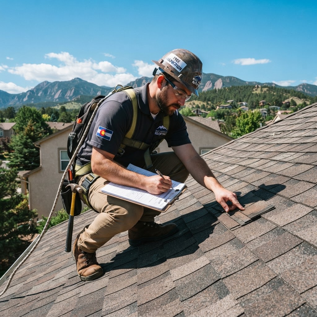 Roofer documenting shingle condition during a free inspection in Colorado.