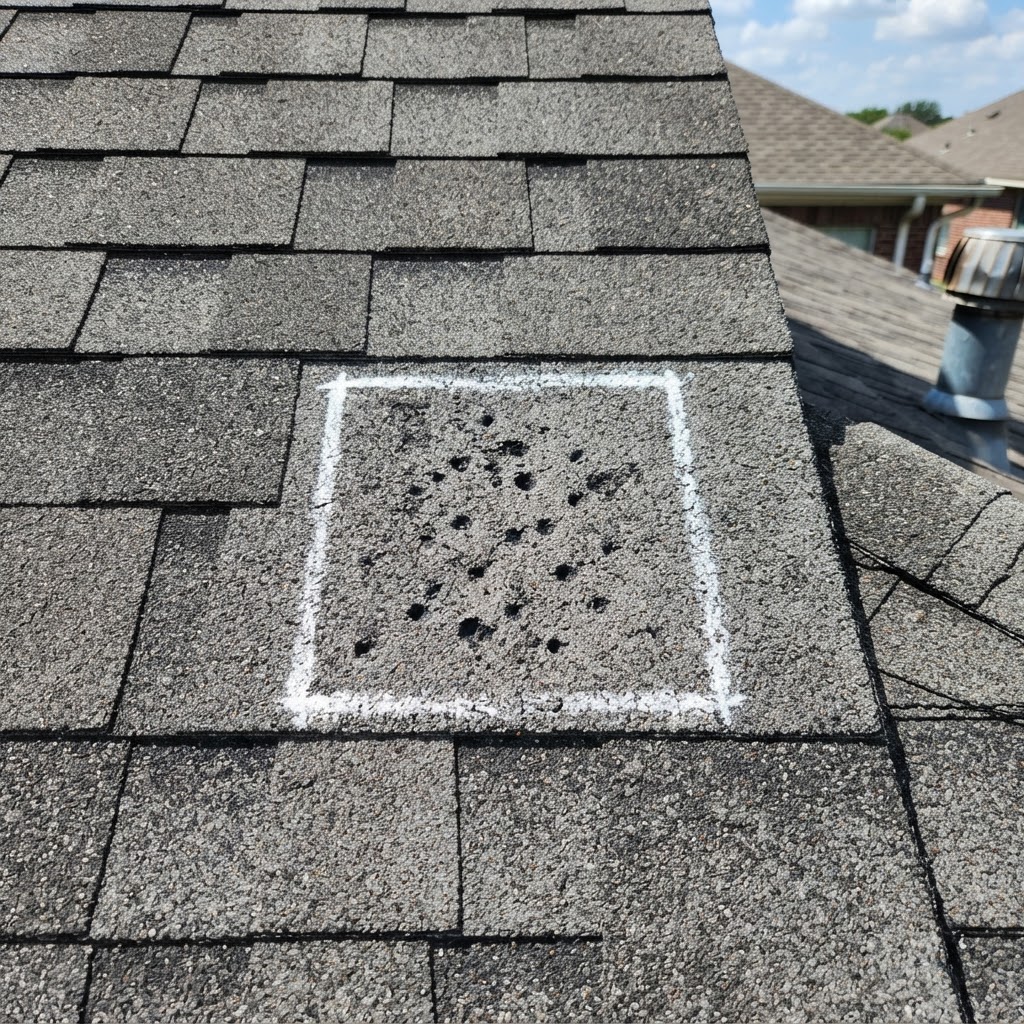 Close-up of a hail bruise on an asphalt shingle with granules knocked away.