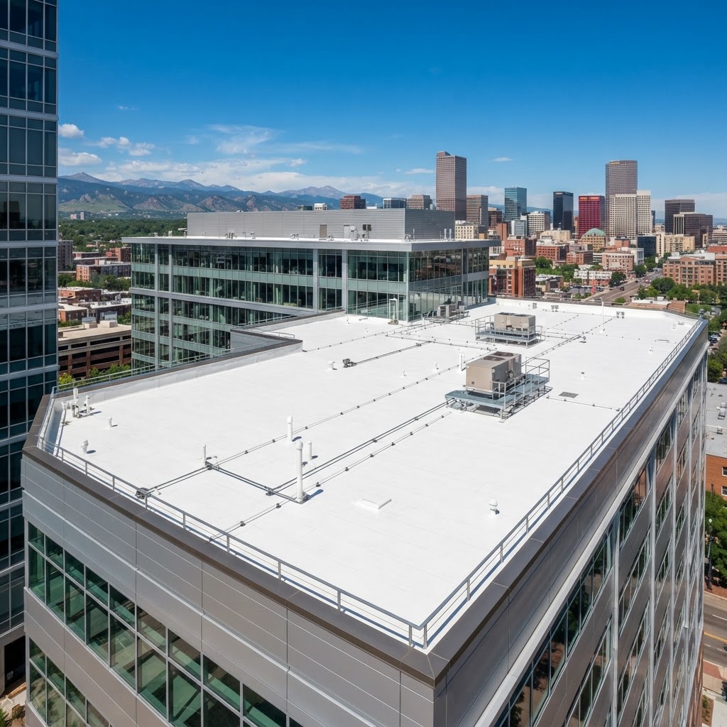 Roof replacement on a Denver commercial building by Promise Keepers Restoration.