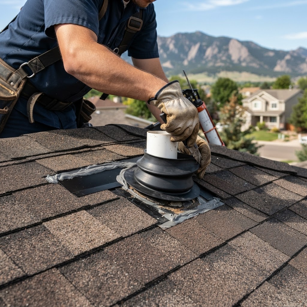Replacing a UV-cracked pipe boot during a Front Range roof repair.