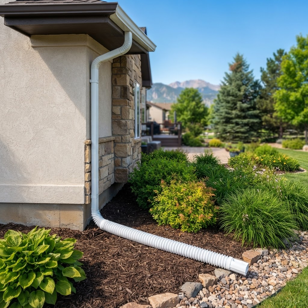 Downspout extension directing water away from a Colorado home foundation to prevent damage.