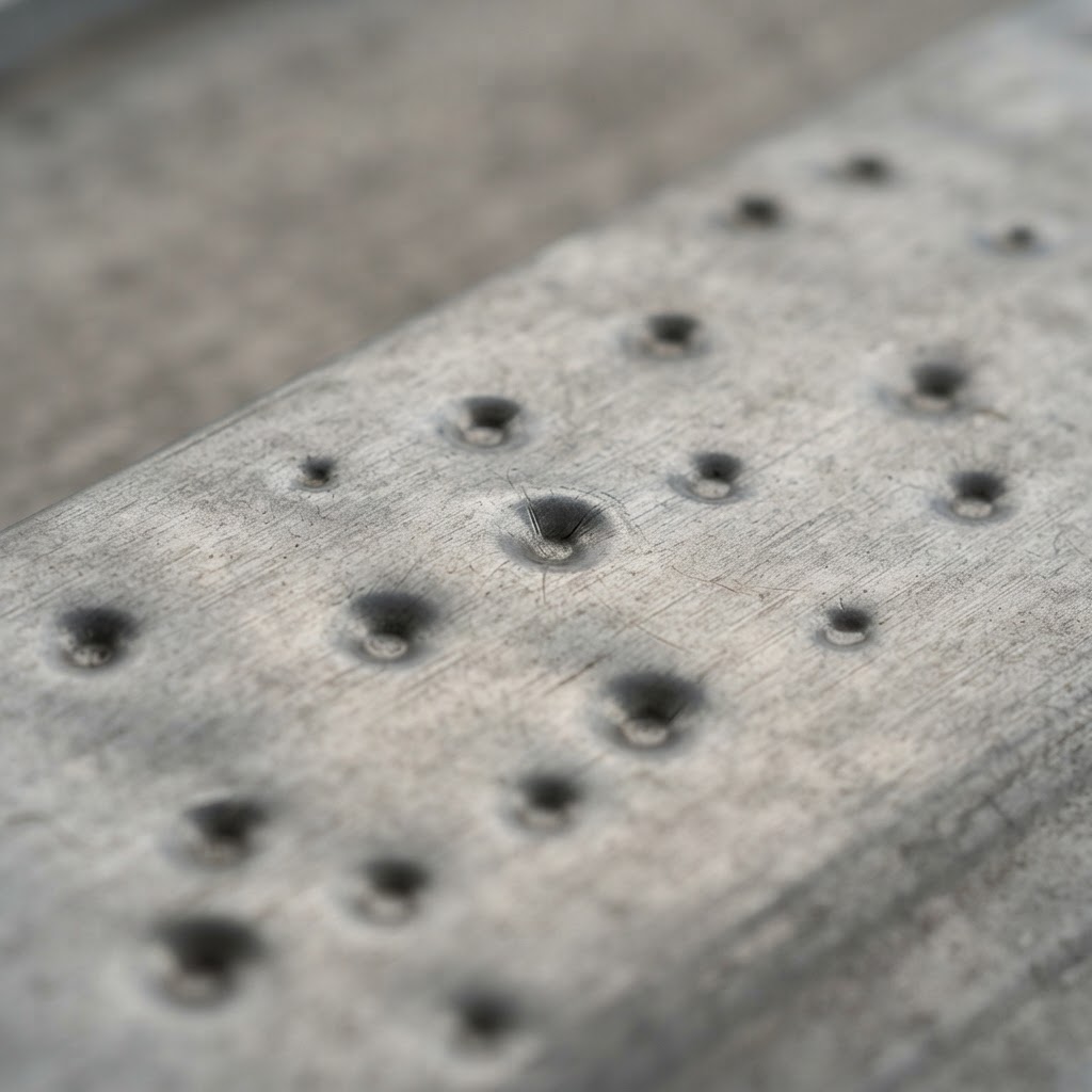 Close up photo showing cosmetic denting on a metal roof panel.