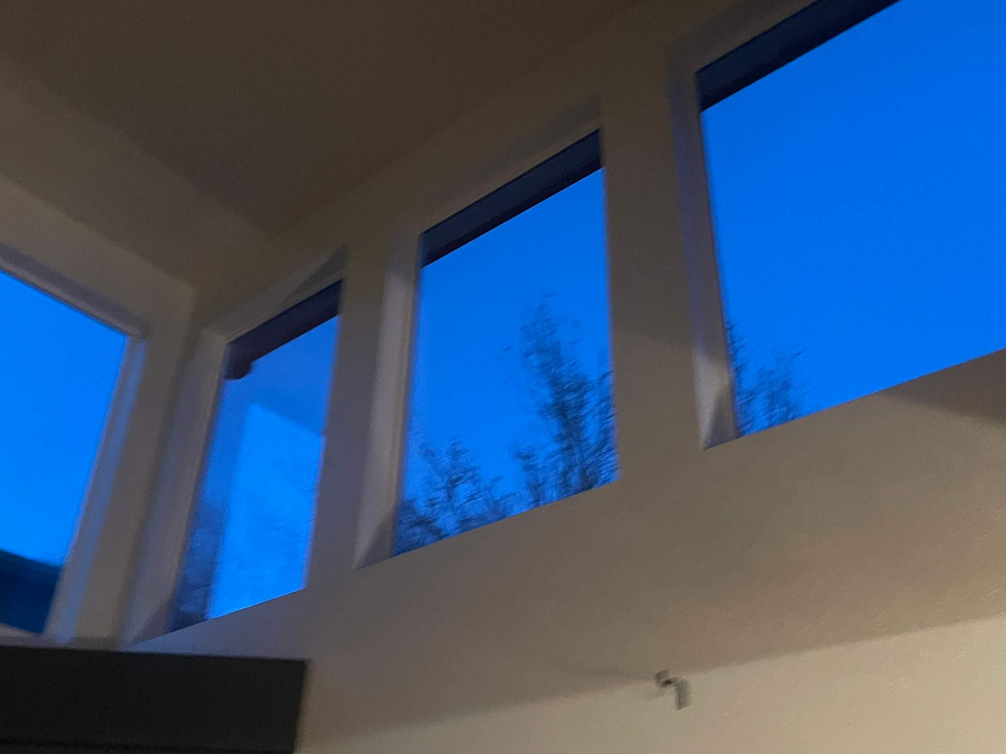 New Pella windows viewed from the interior at dusk in Colorado Springs