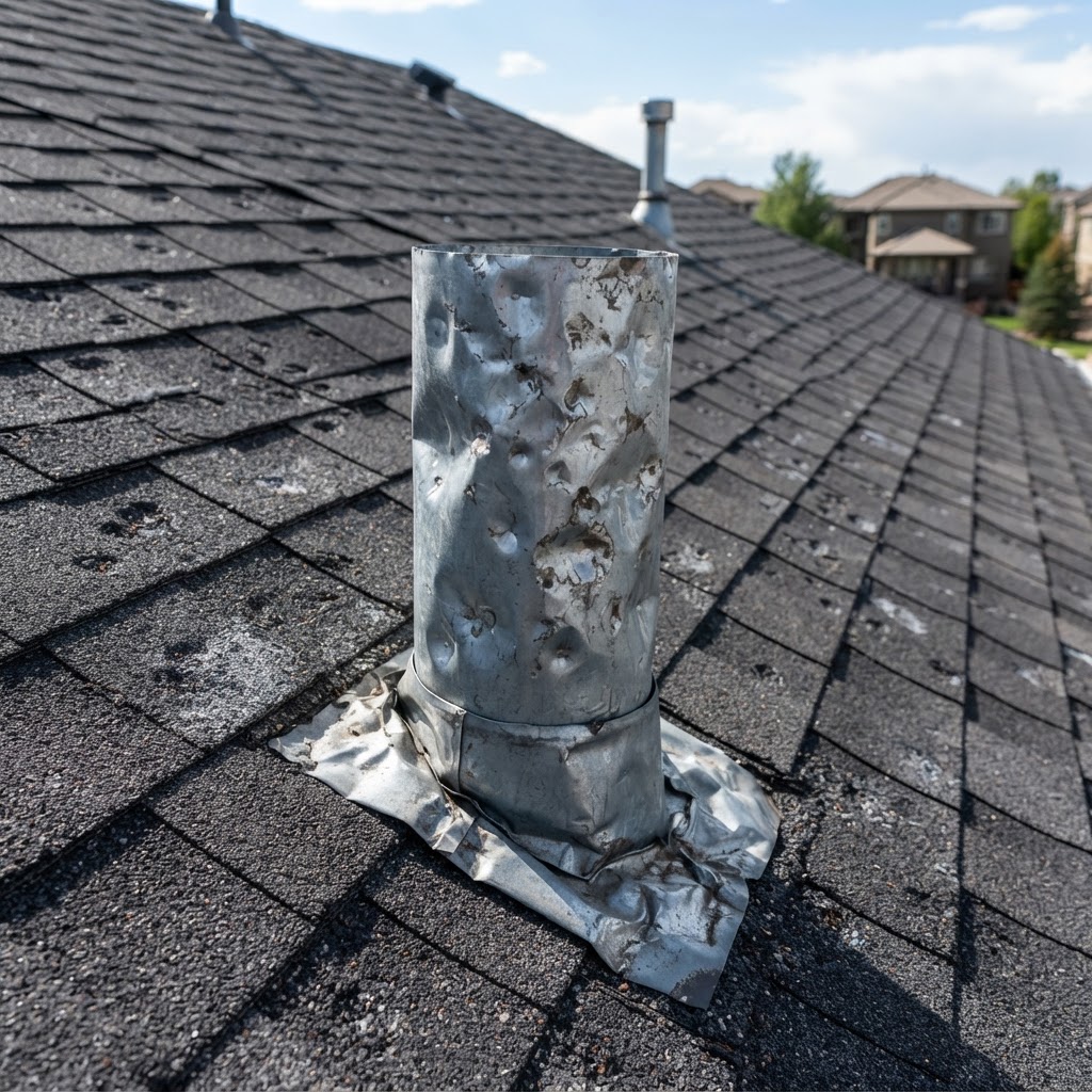 Hail-dented roof vent documented during a Front Range inspection