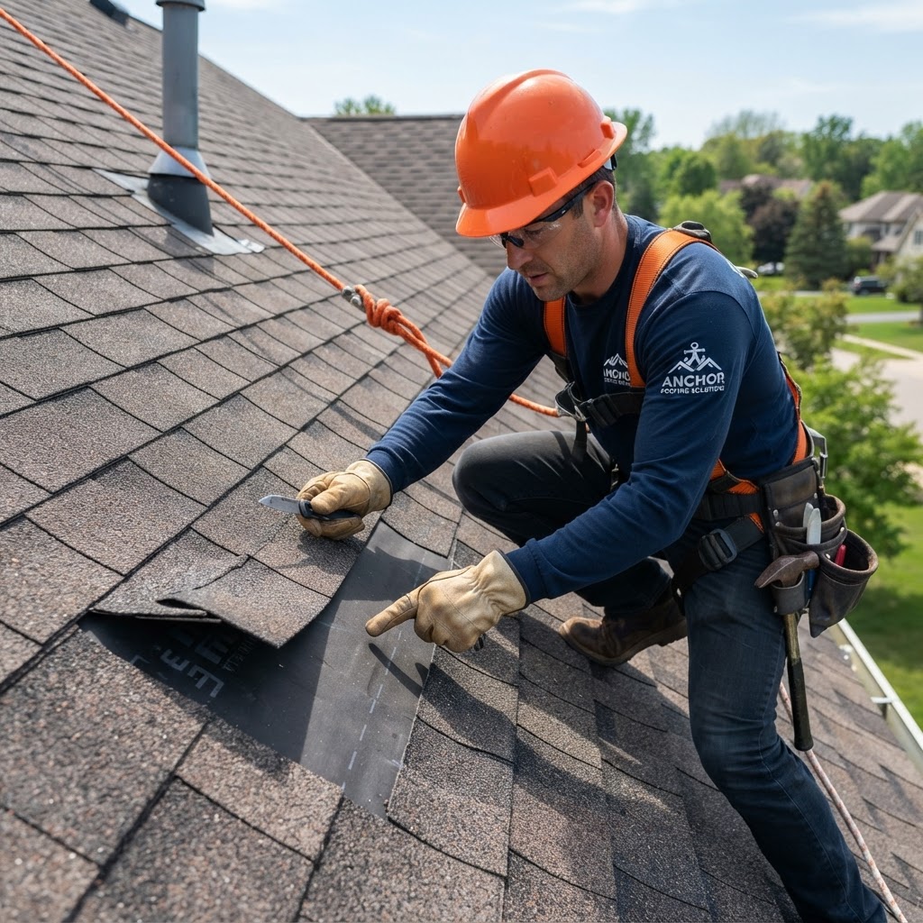 Professional contractor inspecting roofing materials on a steep roof