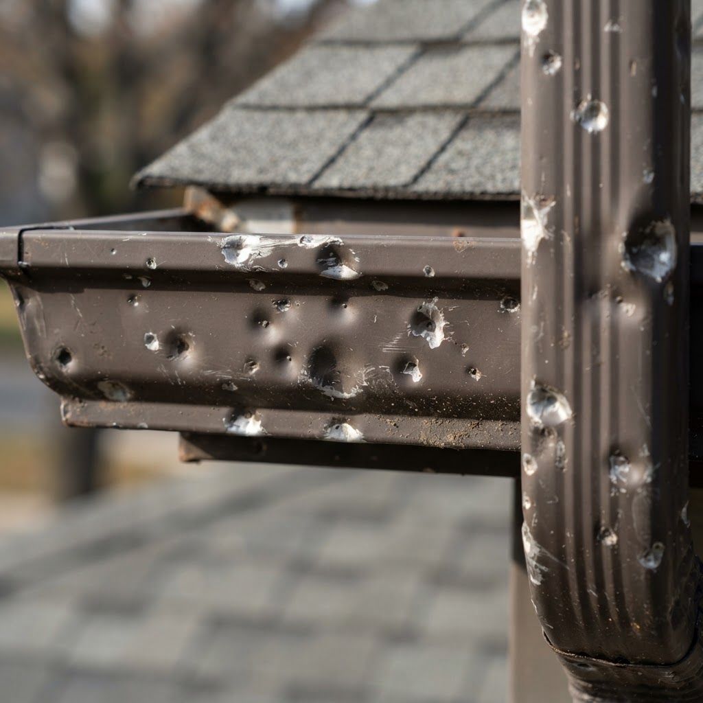 Hail-dented gutter documented during a Front Range storm inspection.