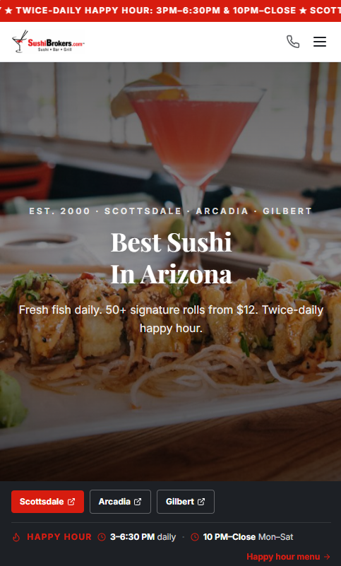 Sushi Brokers website shown on mobile