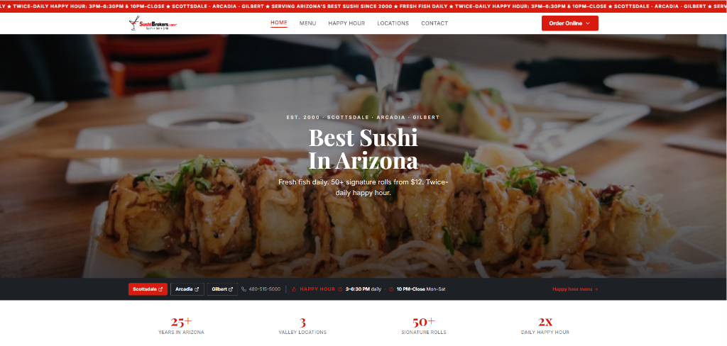 Sushi Brokers website shown on desktop