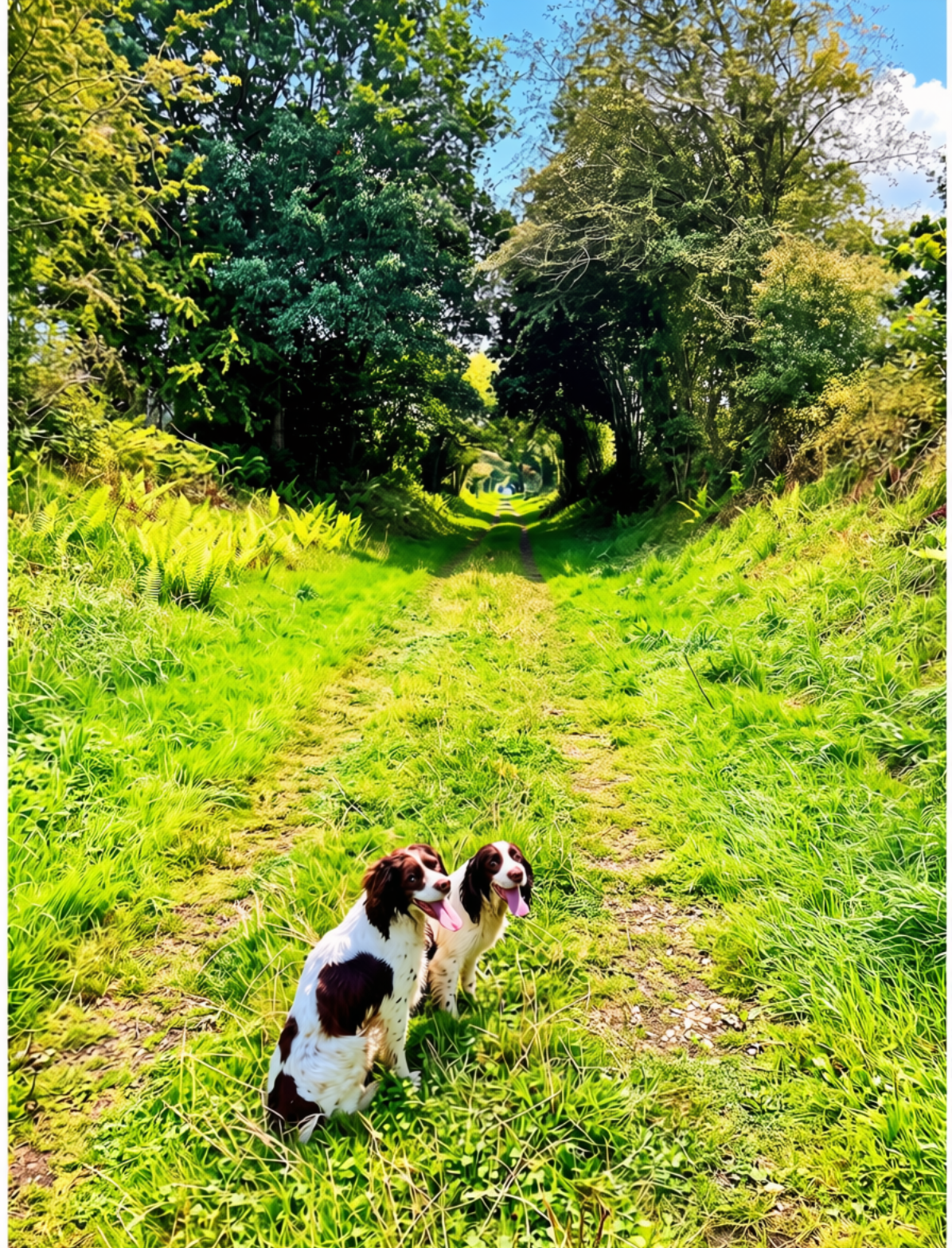 Two English Springer Spaniels sitting on a sunny grassy path — Bindy and Ted, companions on the walk that helped spark the Khordiafy vision.