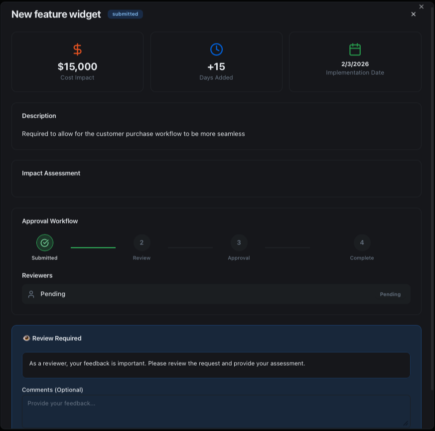 Approval tracking dashboard with stakeholder sign-offs and comments