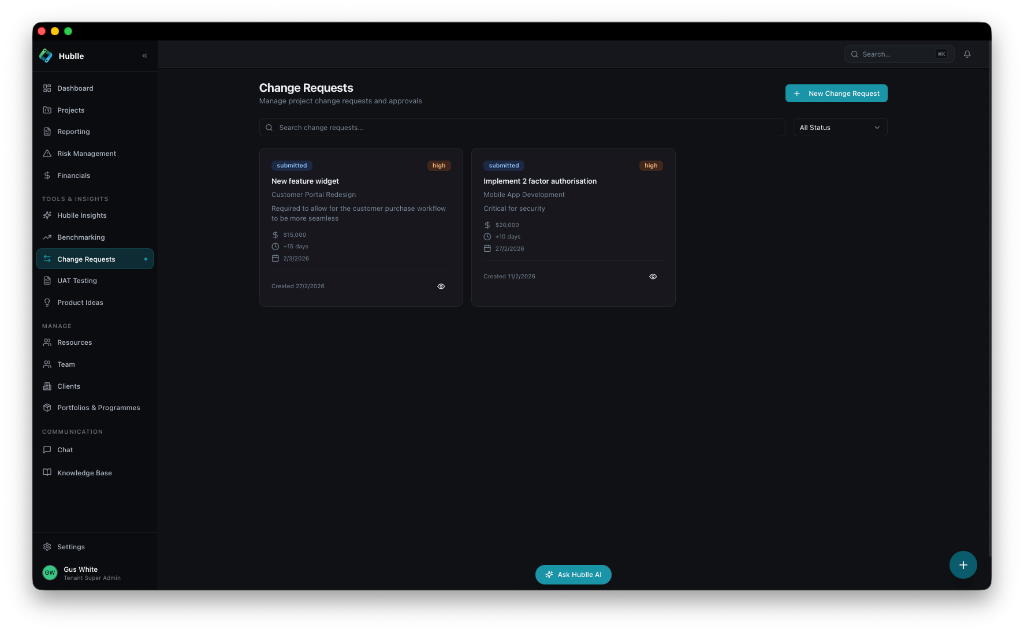 Change request workflow — from initiation to approval with full audit trail