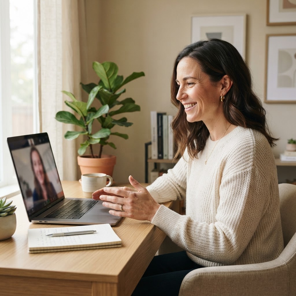 A career coach having a warm conversation over a laptop