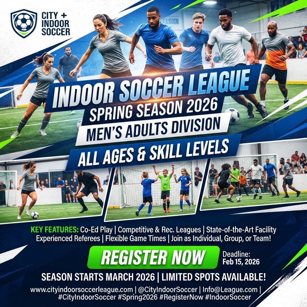 Indoor Soccer League Spring Season 2026 — Men's Adults Division Promotional Flyer