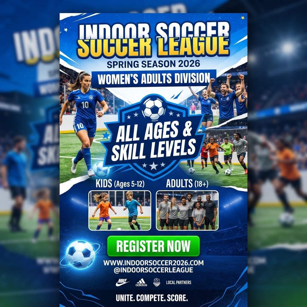 Indoor Soccer League Spring Season 2026 — Women's Adults Division Promotional Flyer