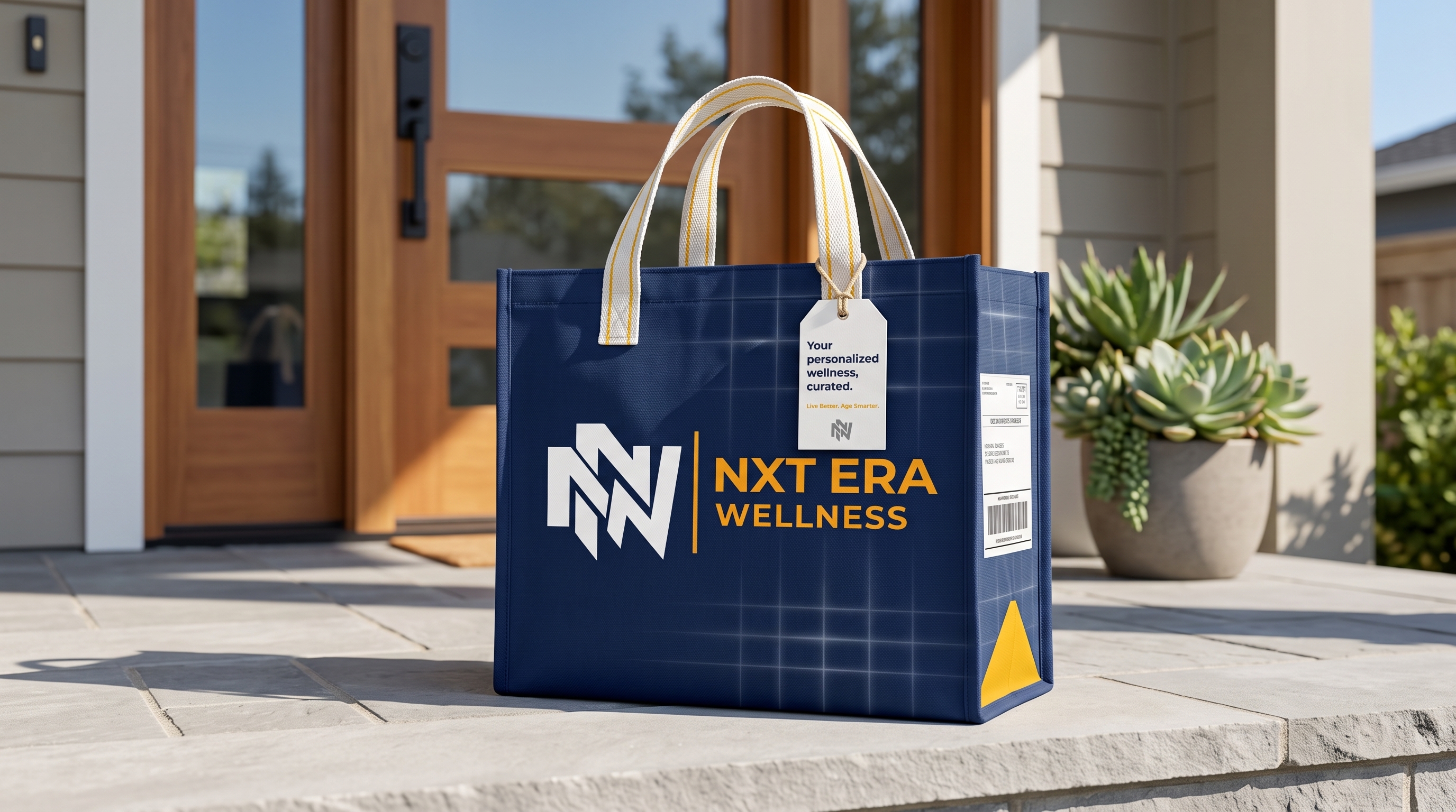 NXT Era Wellness personalized delivery bag on a porch
