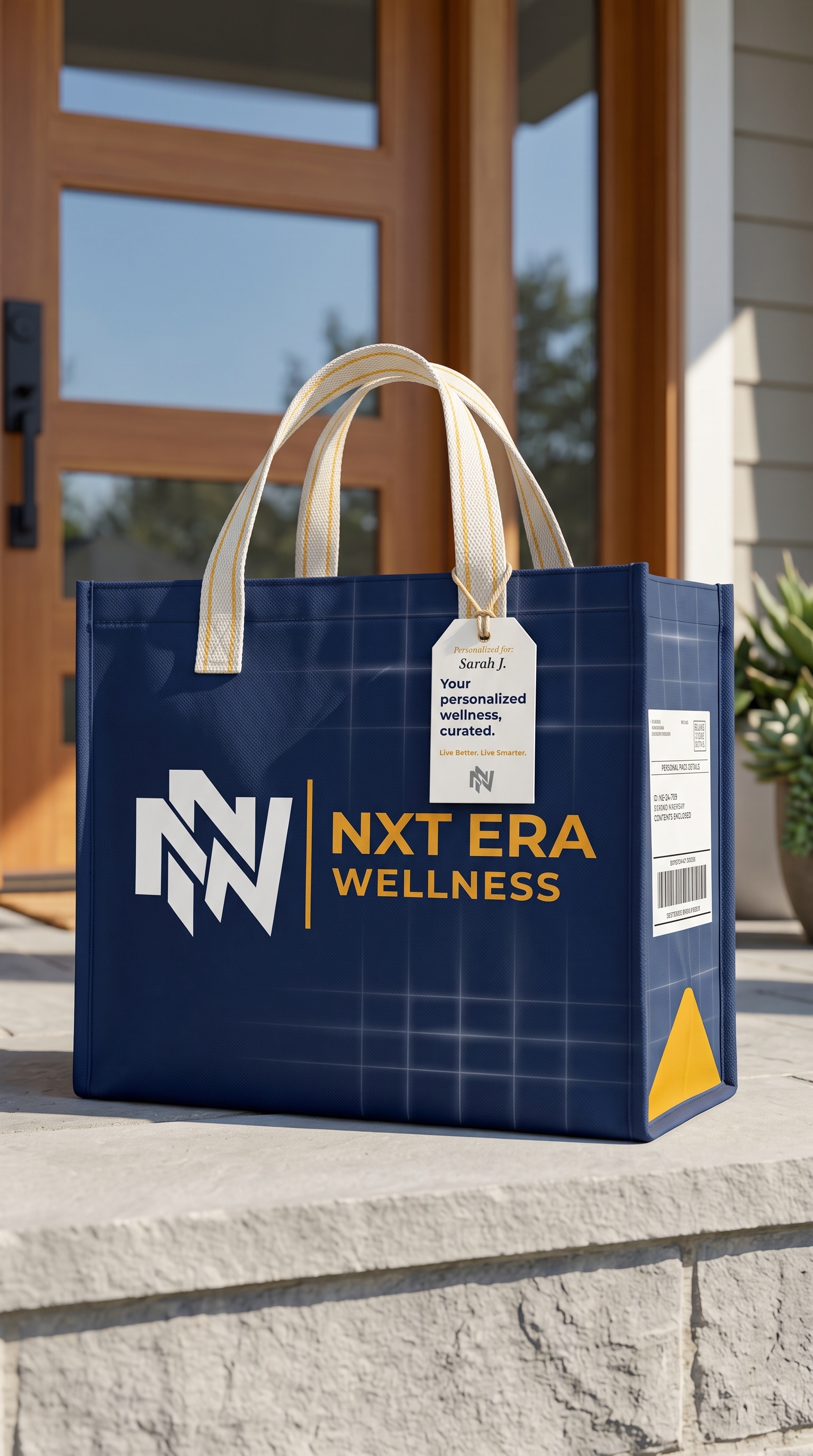 NXT Era Wellness personalized delivery bag on a porch