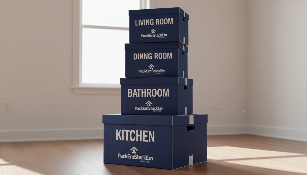 PackEmStackEm branded moving boxes stacked by room