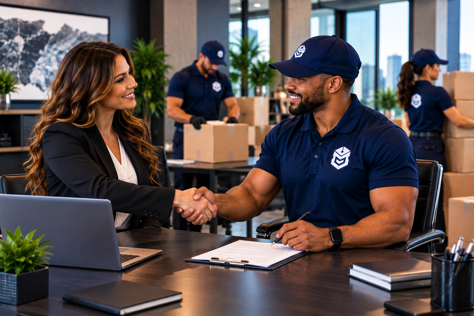 A corporate professional shaking hands with a PackEmStackEm crew member at a desk while other crew members pack boxes in the background