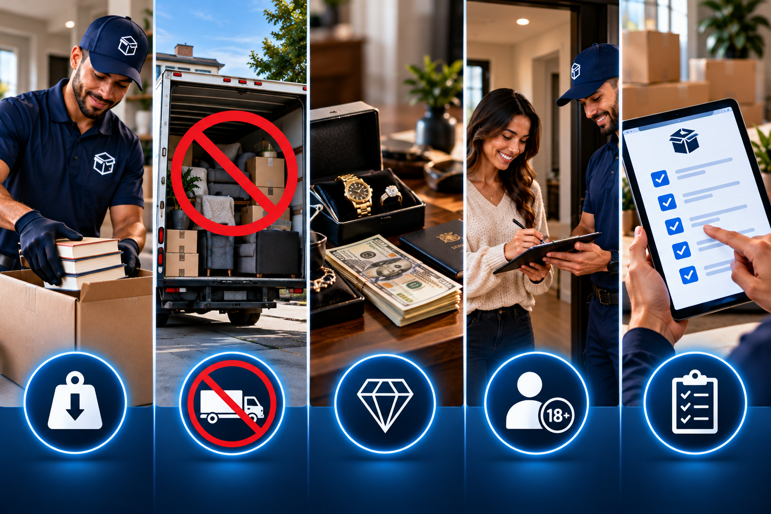 PackEmStackEm service guidelines — weight limit, no moving, valuables, adult presence, digital checklist
