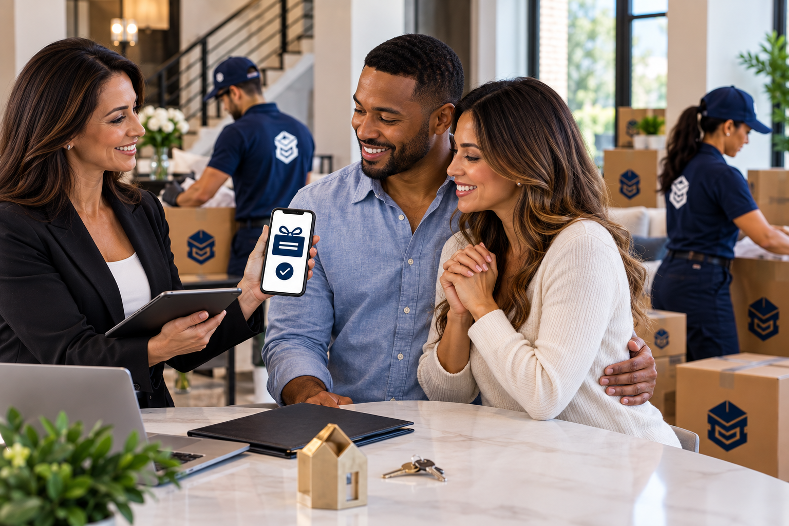 A real estate agent showing clients a PackEmStackEm voucher gift on her phone while crew members pack boxes in the background.