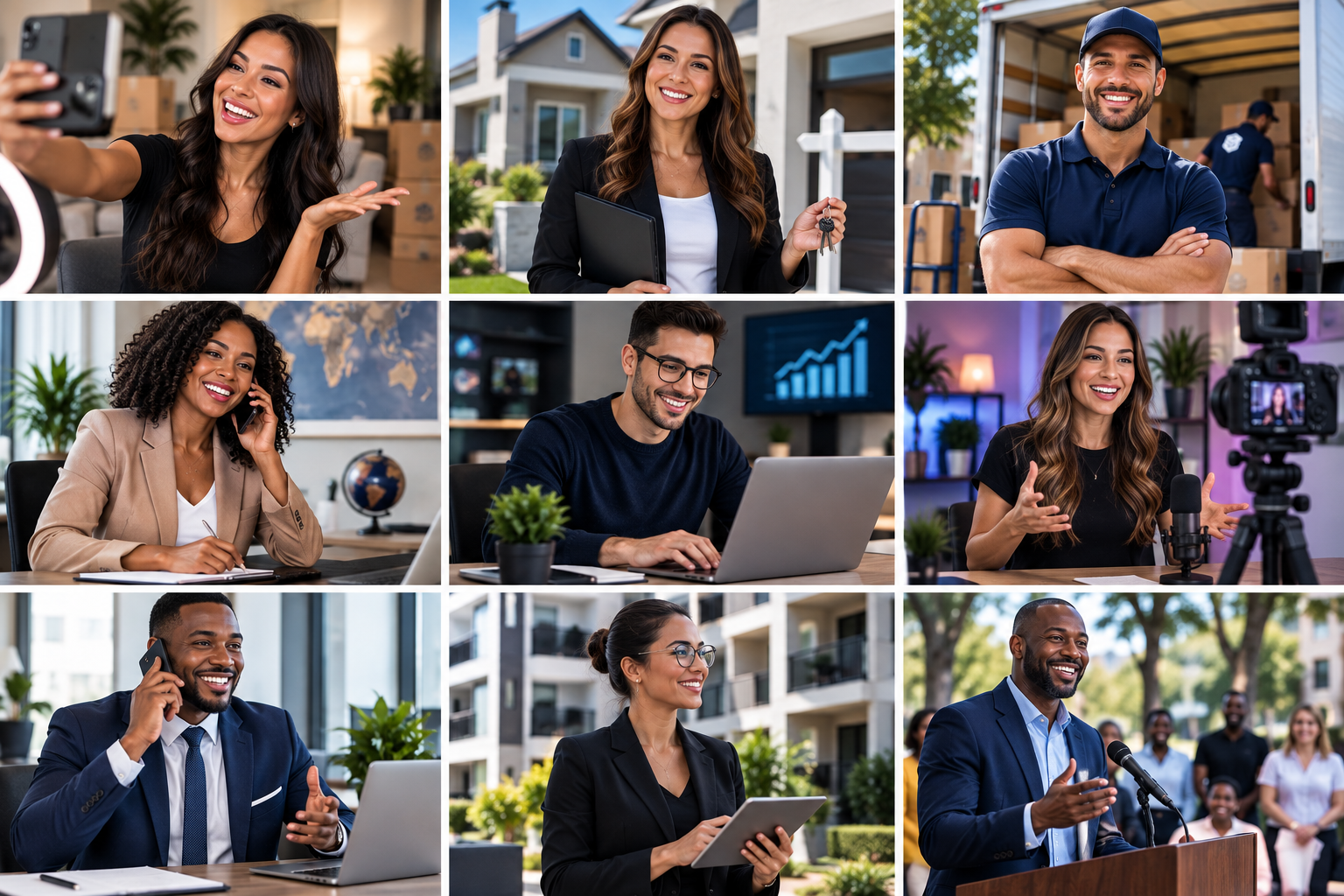 A diverse grid of professionals — influencers, real estate agents, movers, marketers, and creators — who are a perfect fit for the PackEmStackEm affiliate program.