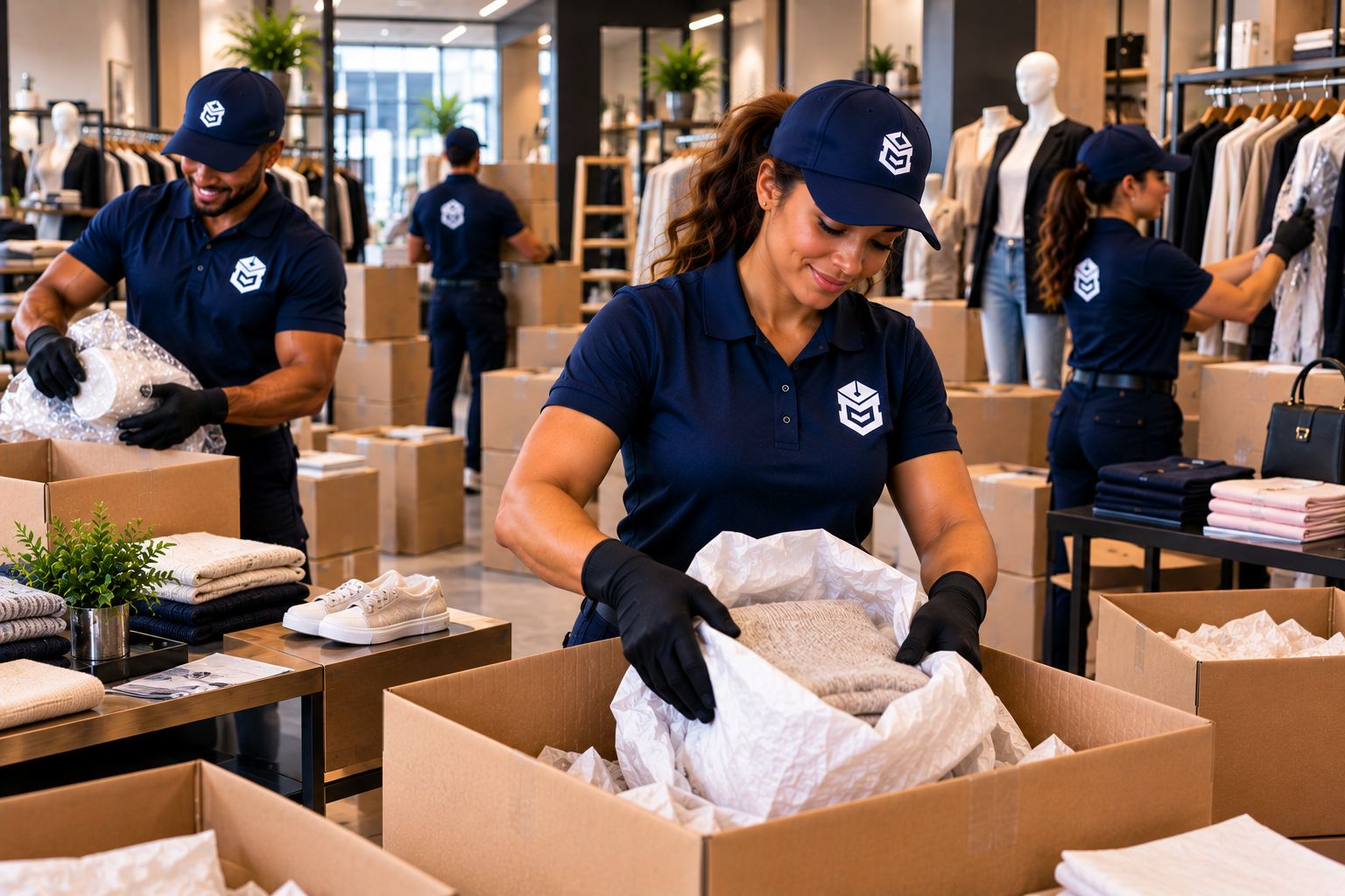 PackEmStackEm crew packing a retail store — merchandise ready, store protected.