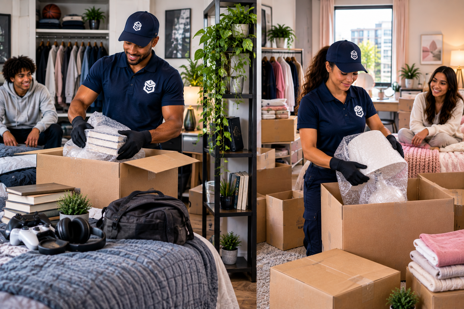 PackEmStackEm roommate packing team packing two bedrooms separately — you're moving out, your roommate isn't, we get it.