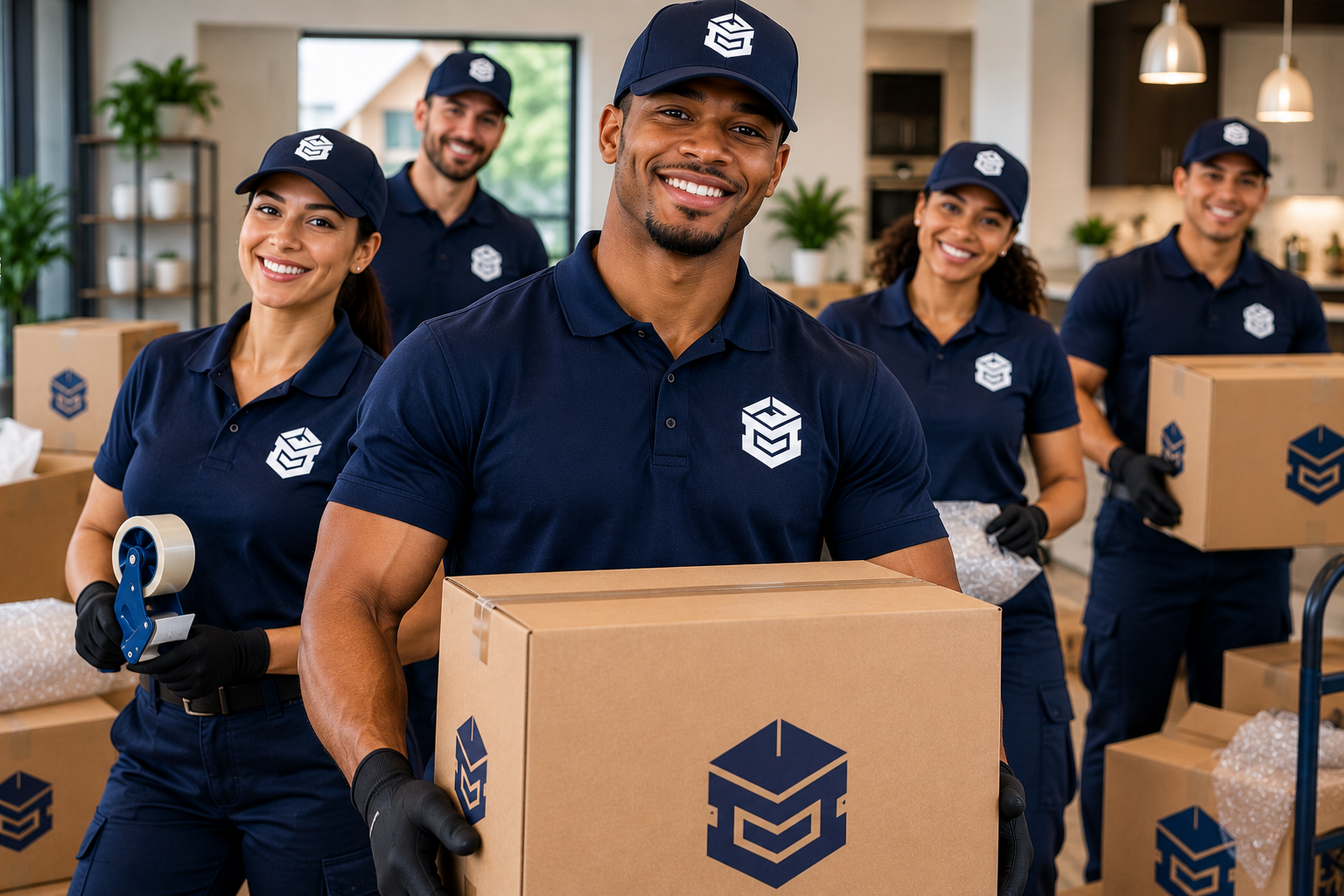 A team of five PackEmStackEm packing professionals wearing matching navy polos and caps, standing together holding branded boxes and packing supplies in a bright, modern interior.