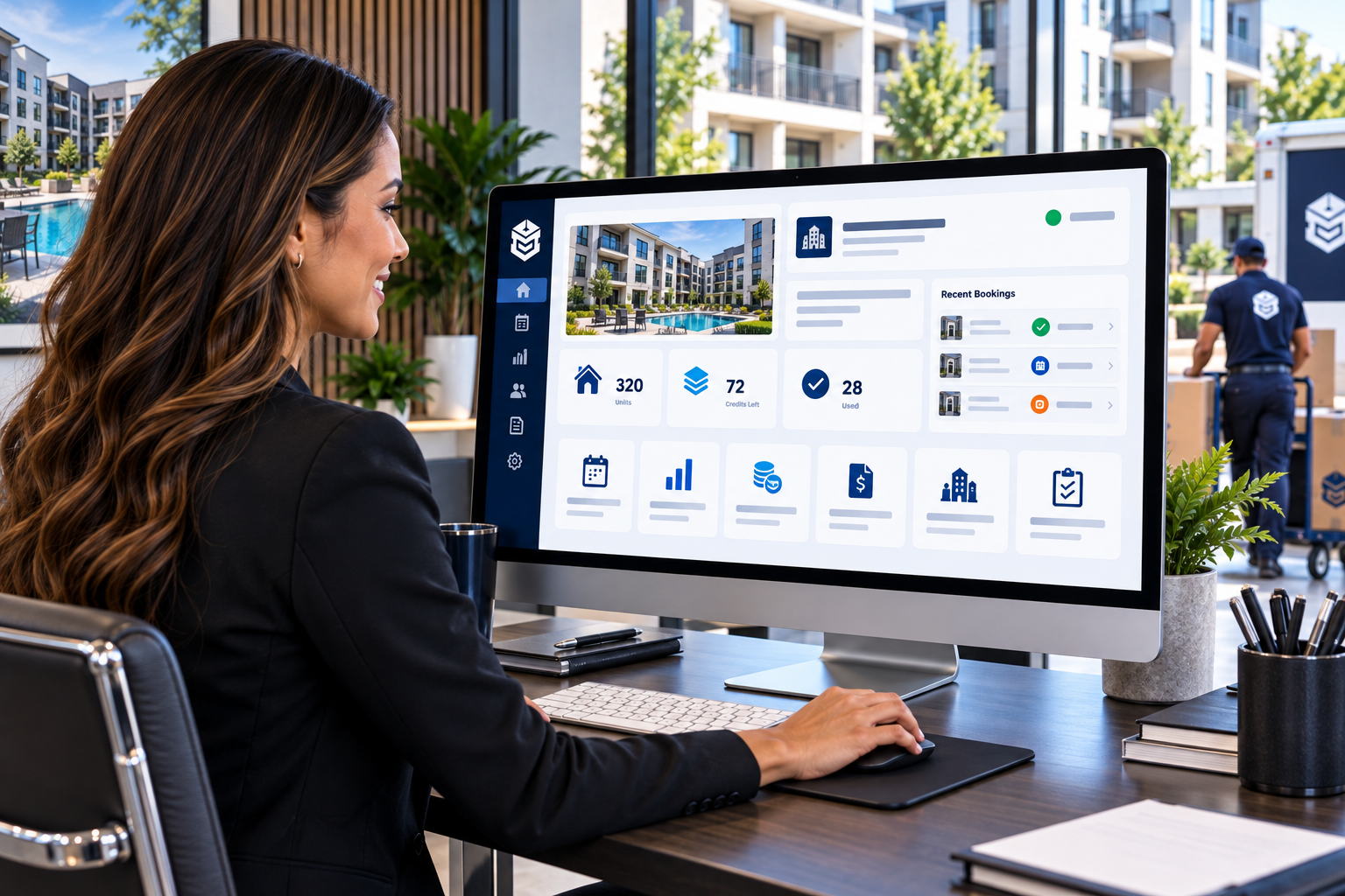 A property manager using the PackEmStackEm Property Dashboard System to track units, credits, bookings, and invoices across an apartment community.