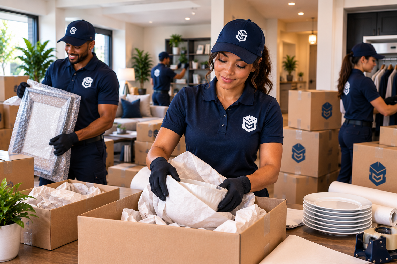 PackEmStackEm crew packing bowls and framed art in a bright modern home — the most important part of your move, done right.