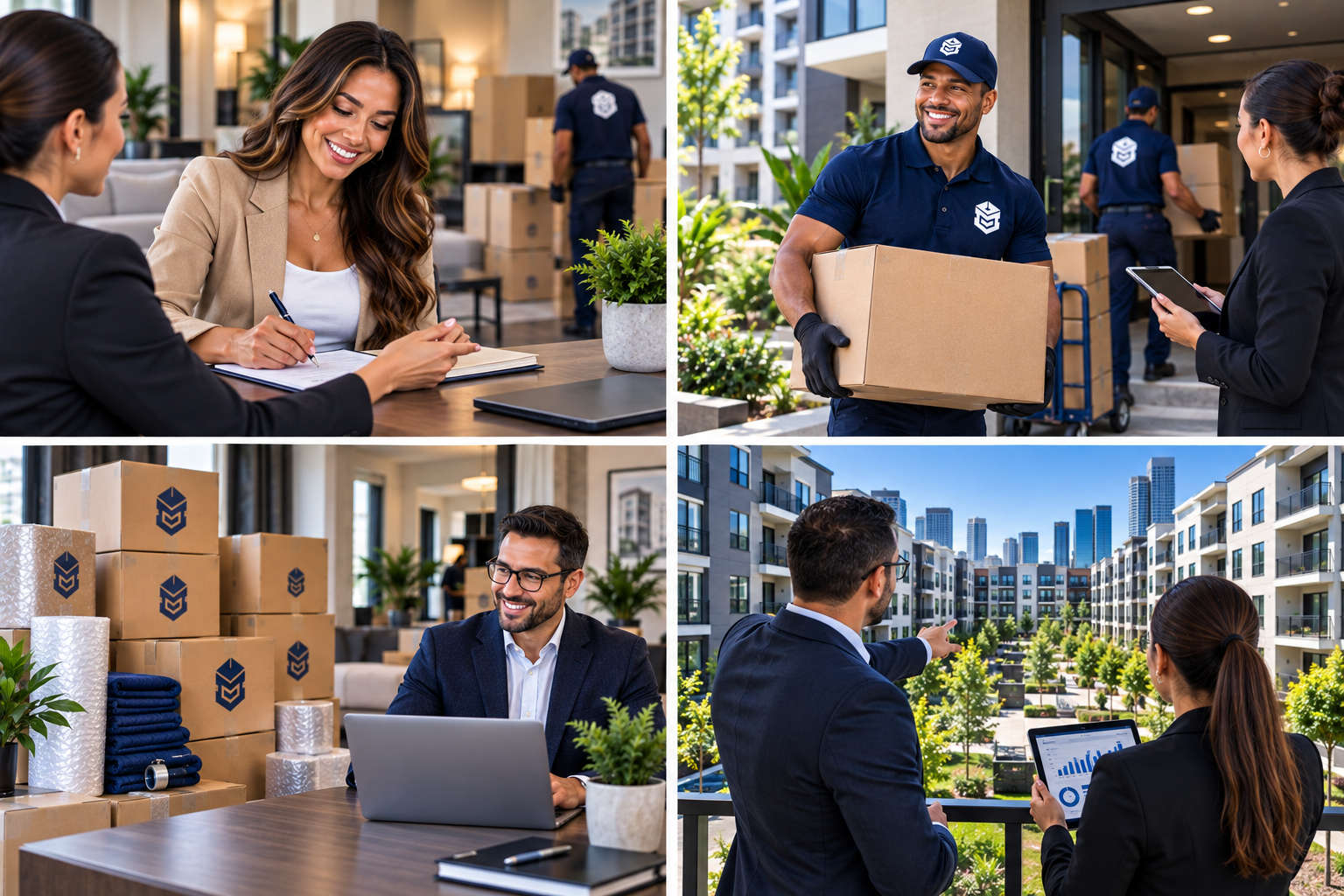 Four-panel overview of PackEmStackEm property management program models — lease signing, on-demand packing, bulk credit purchasing, and portfolio partnerships.
