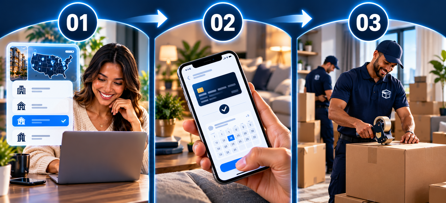 How It Works — three simple steps from booking to boxes packed