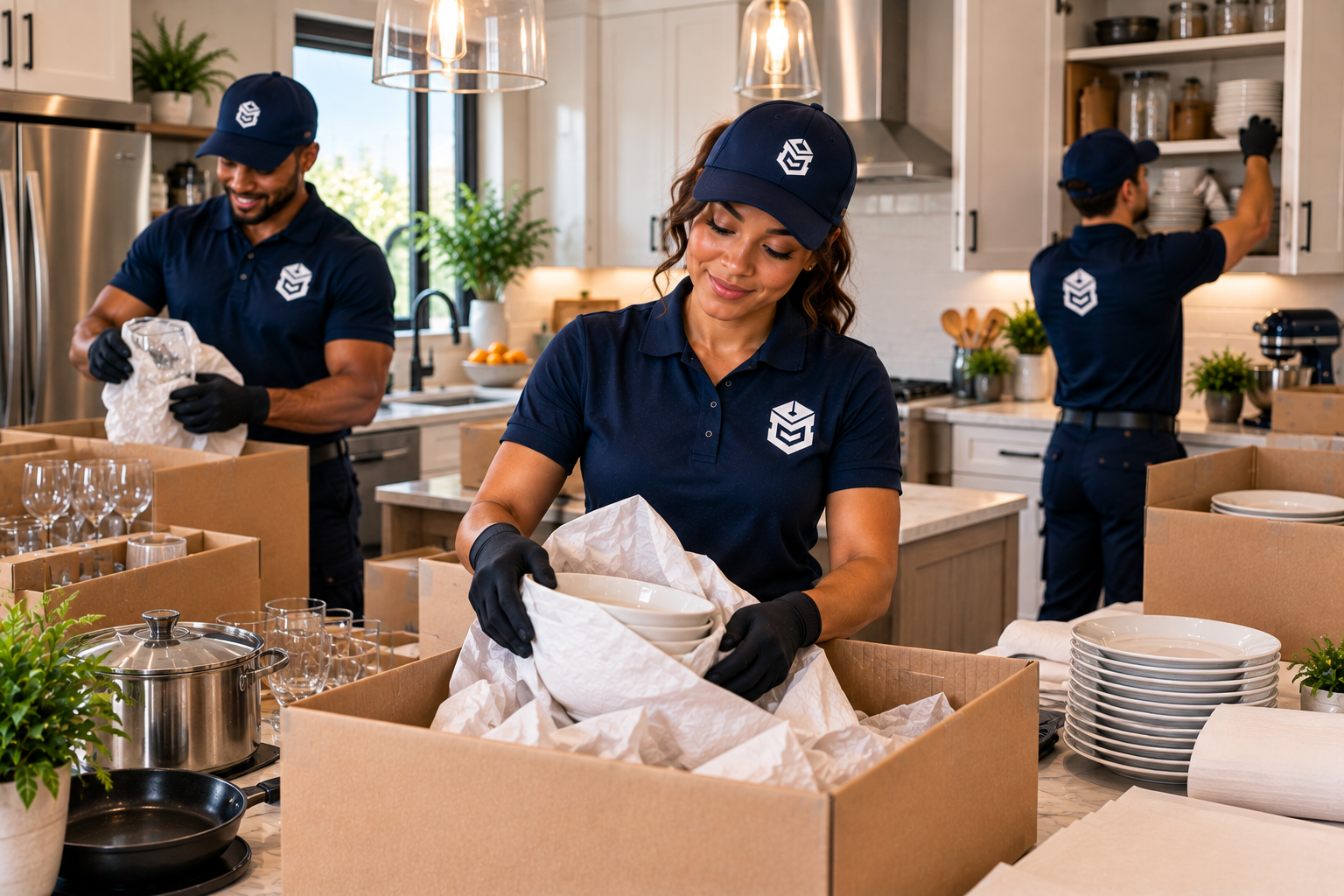 PackEmStackEm kitchen packing team wrapping dishes and glassware — simple and fast, from booking to packed kitchen.