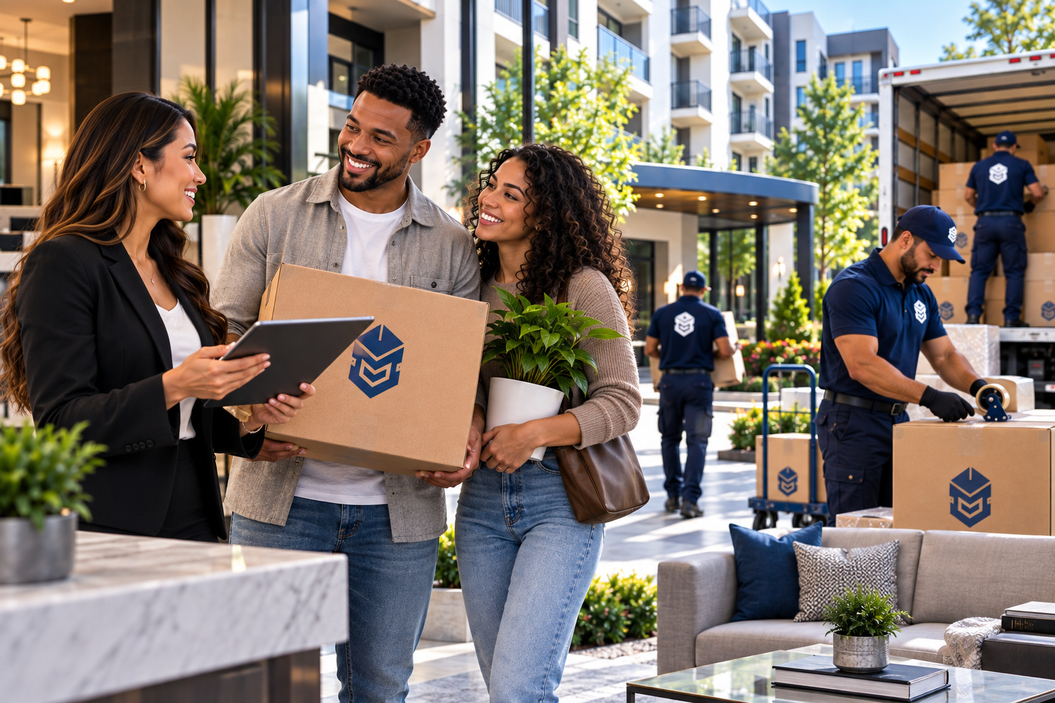 PackEmStackEm crew delivering professional packing services at a modern apartment community, with a property manager coordinating the move-in on a tablet.