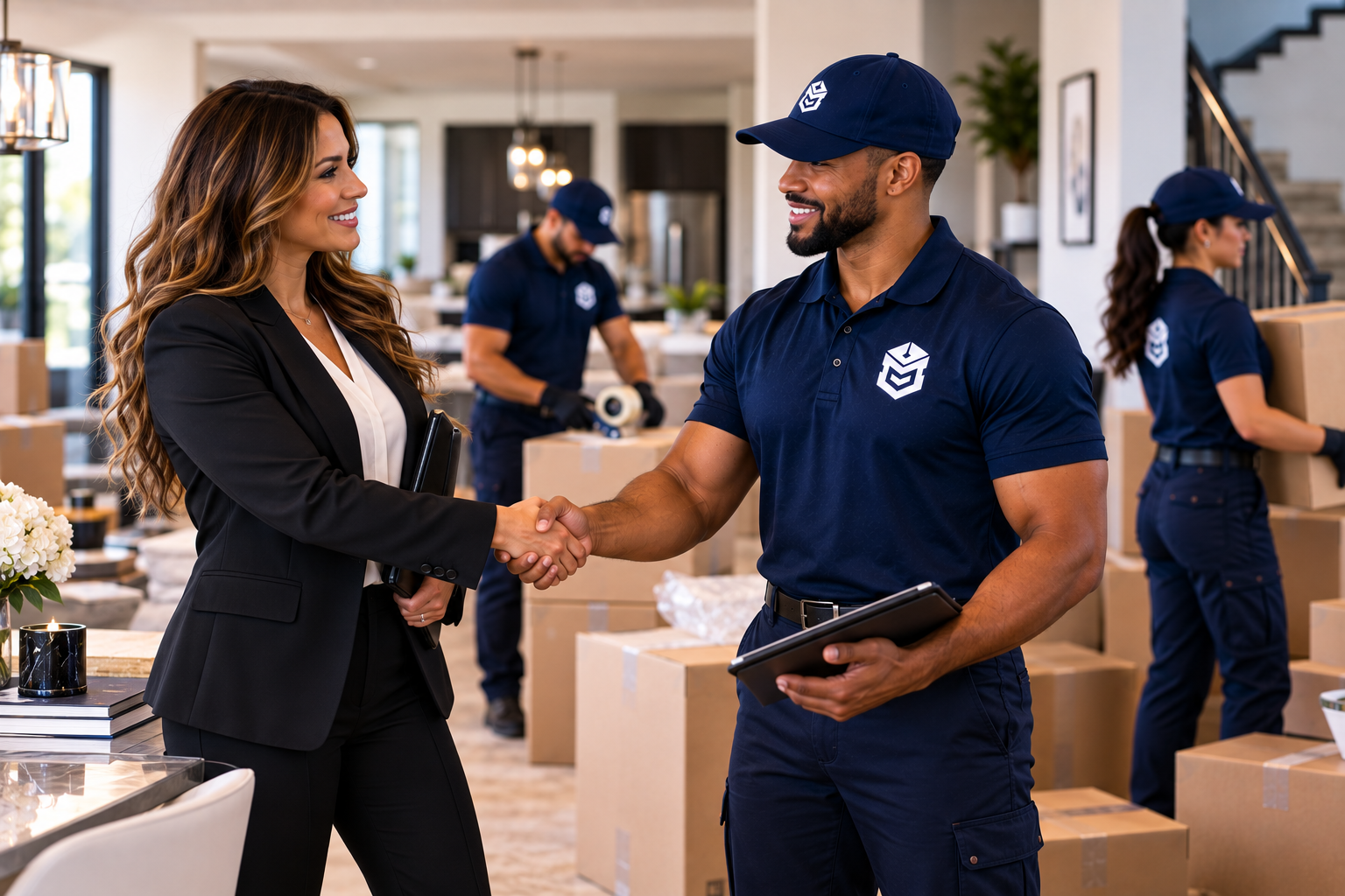 A real estate agent shaking hands with a PackEmStackEm crew member in a home filled with moving boxes