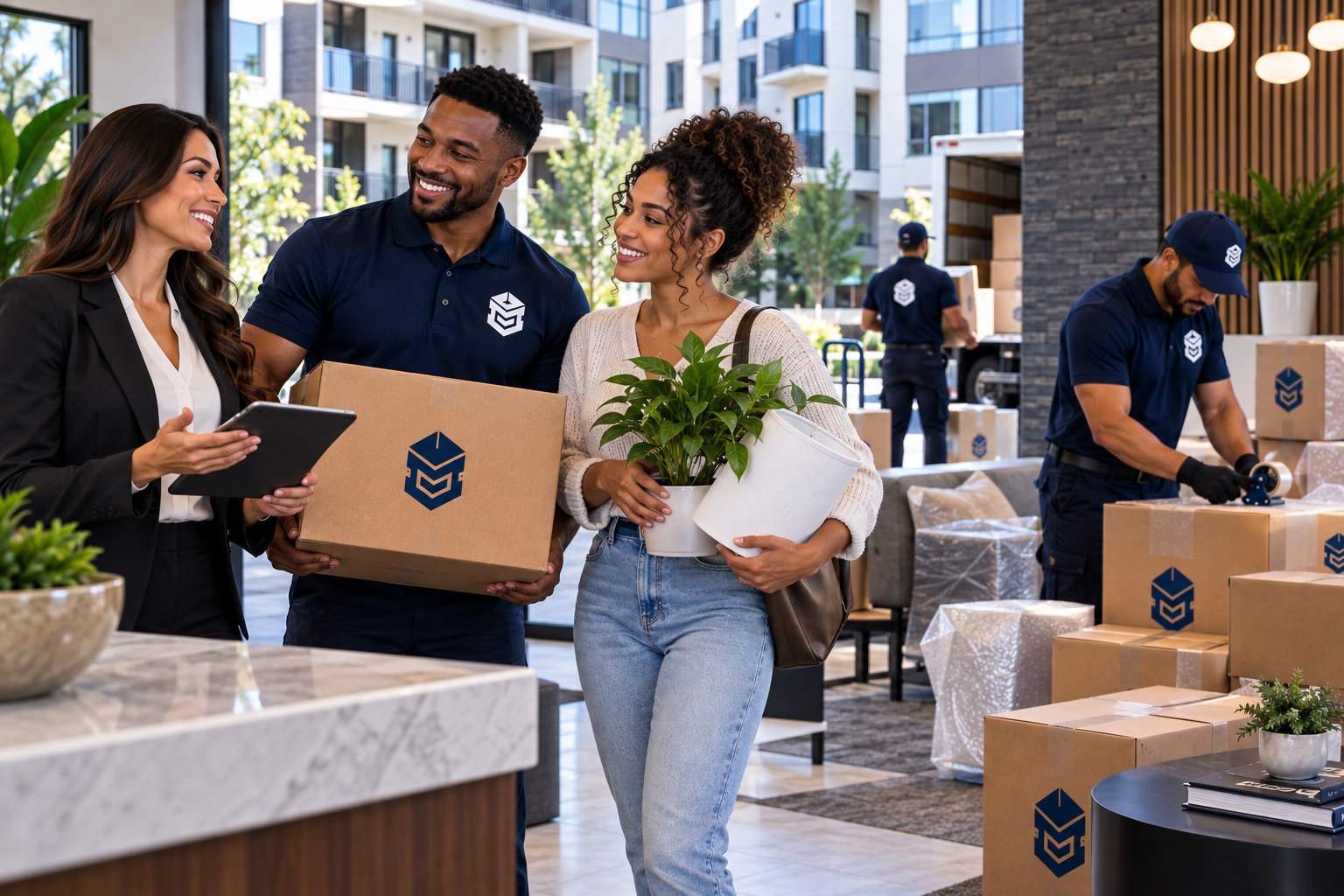 A PackEmStackEm property management partner in a black blazer holding a tablet, coordinating with uniformed packing technicians carrying branded boxes during an apartment move-in.