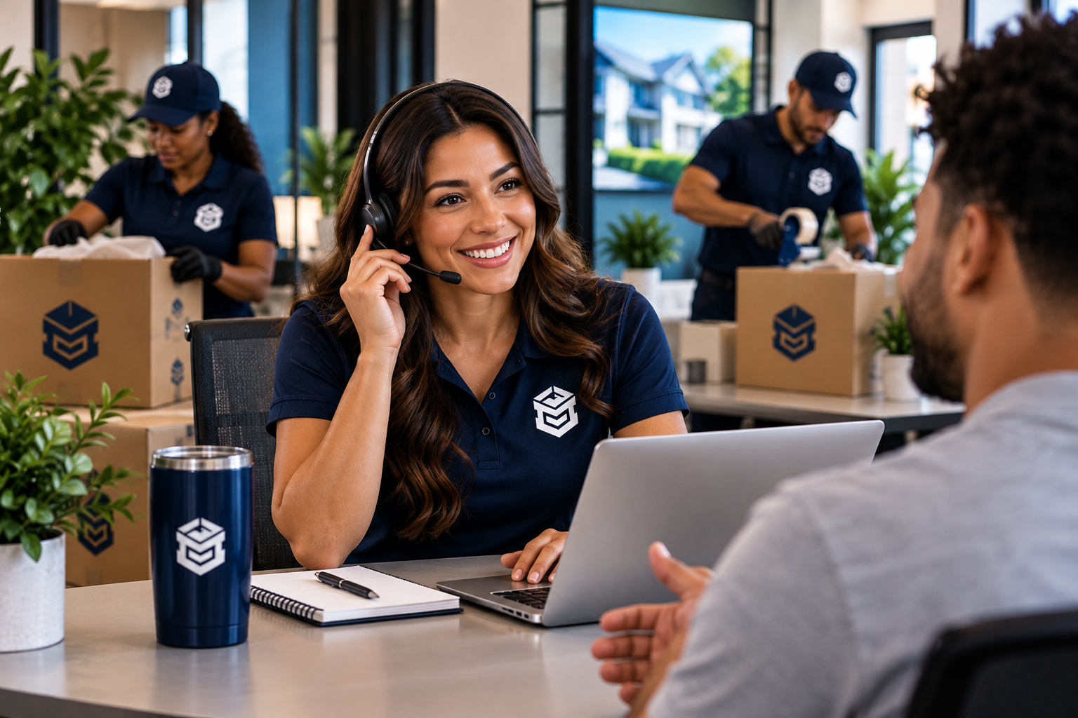 A PackEmStackEm customer service representative wearing a branded headset at her desk, speaking with a client while crew members pack boxes in the office background.