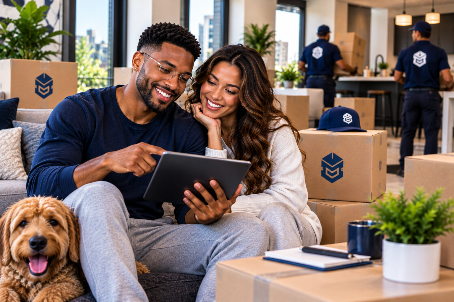 A couple reviewing their moving plan on a tablet while PackEmStackEm crew packs their home.