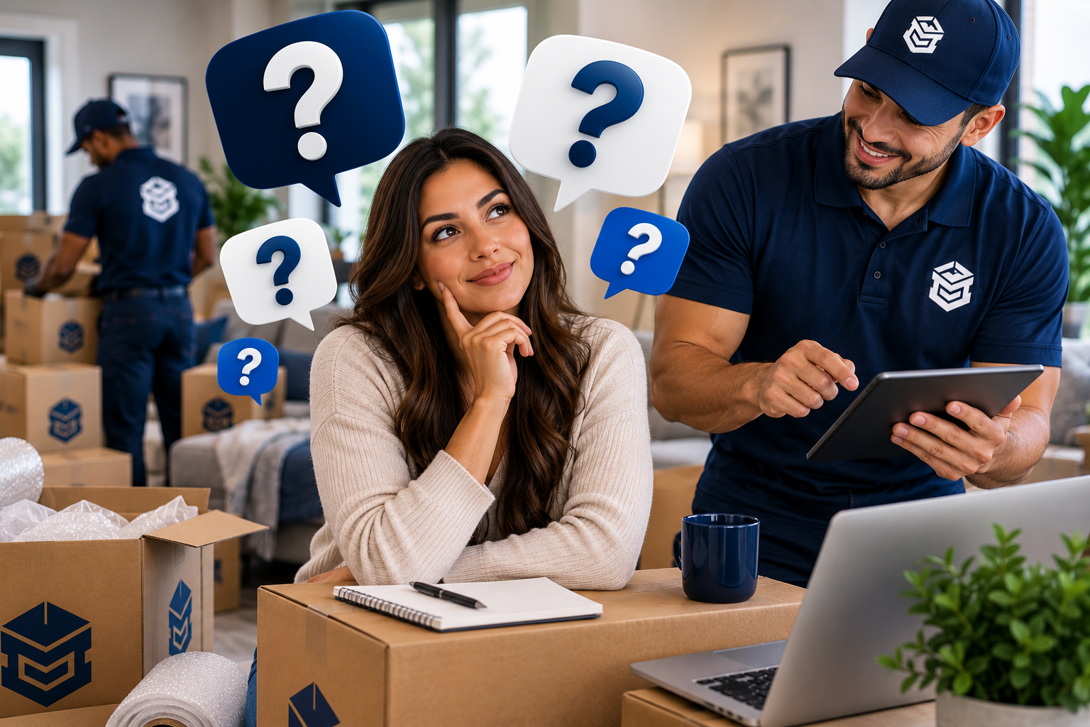 A PackEmStackEm crew member explaining the packing process to a customer while packing boxes, surrounded by floating FAQ question-mark bubbles.