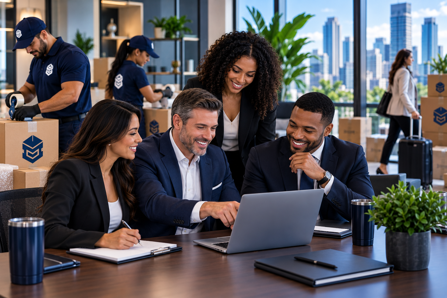 Corporate team meeting in a modern office while PackEmStackEm packing professionals prepare boxes in the background.
