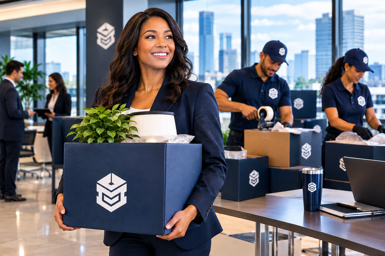 A professional woman holding a navy PackEmStackEm branded box in a modern corporate office while uniformed packing staff prepare boxes in the background.